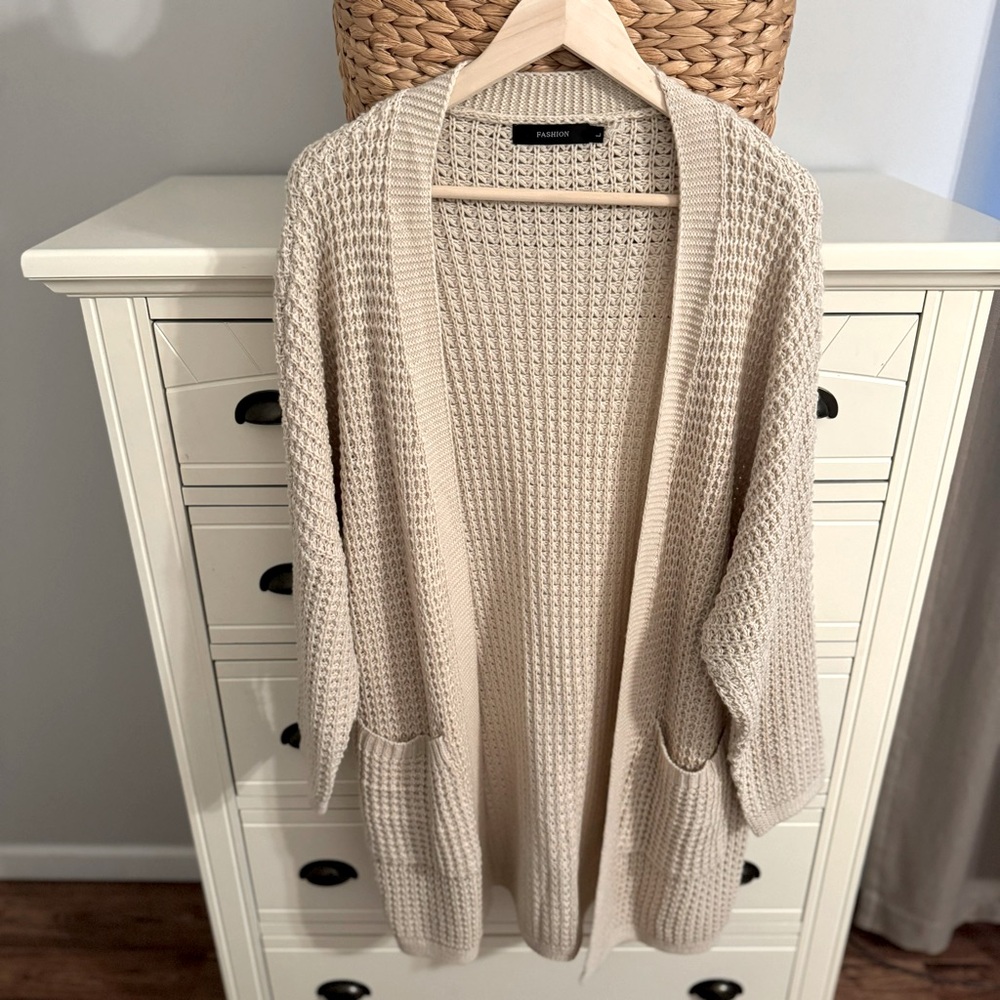 Open-Front Chunky Knit Cardigan - Cream
